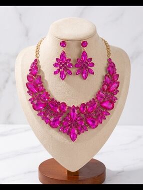 Statement Pink Crystal Floral Necklace and Earring Set